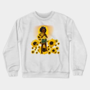 Anime Afro anime sunflower wielding warrior princess with Bantu knots - beautiful girl with Afro hair, brown eyes and dark brown skin Crewneck Sweatshirt